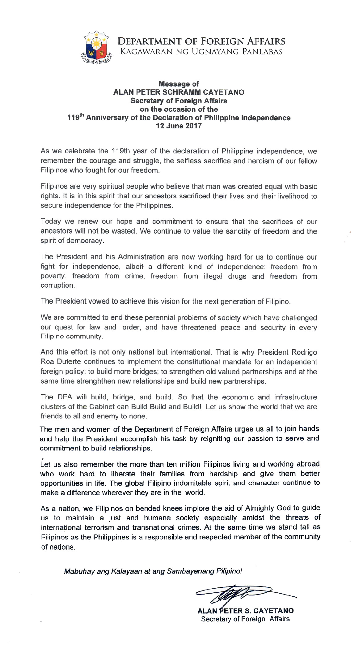 APC Kalayaan 2017 Message