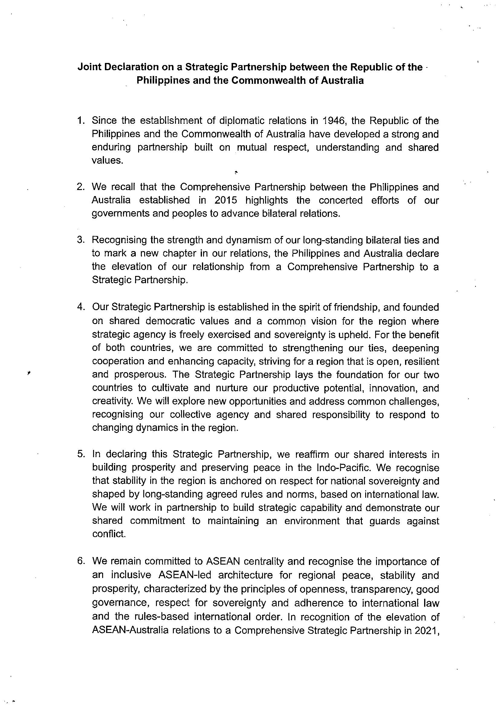 ORIGINALLY SIGNED Joint Declaration of Strategic Partnership between Philippines and Australia Page 1