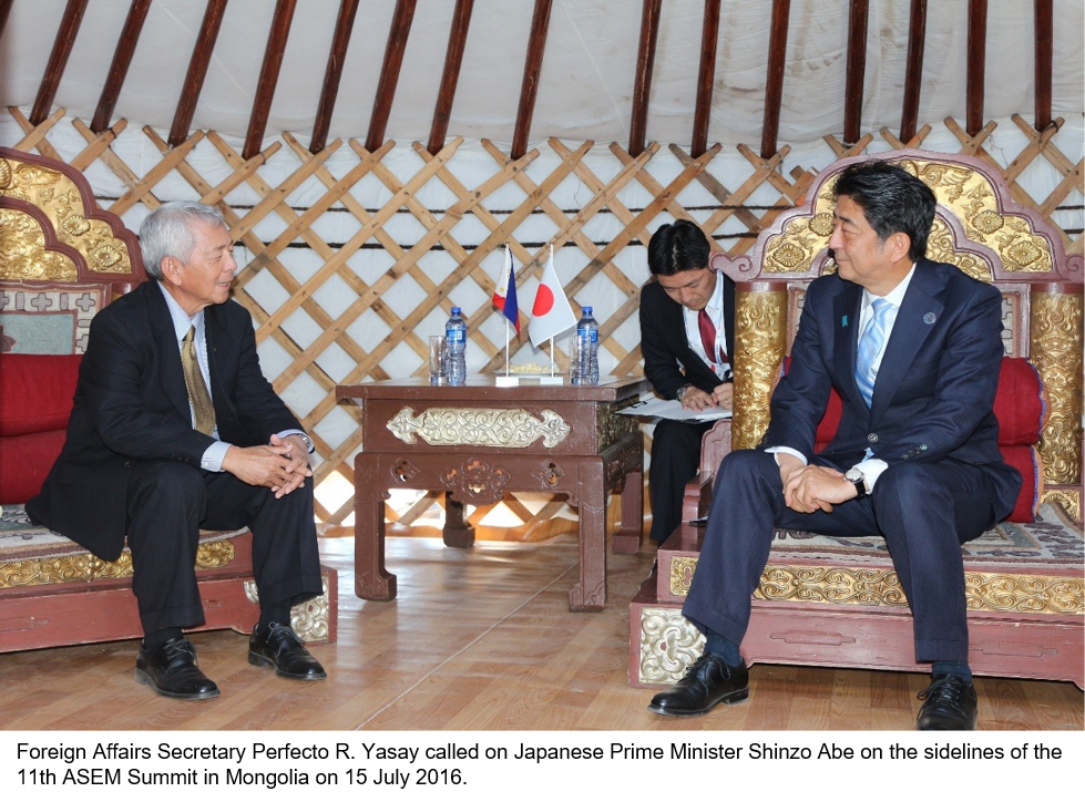 SFA Yasay Calls on Japanese Prime Minister Shinzo Abe on the Sidelines of the 11th ASEM Summit in Mongolia on 15 July 2016